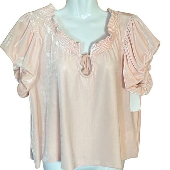Free People Terese Top Size M Pink Tint Velvet poof short sleeve ruffle Tie Neck - Picture 5 of 12